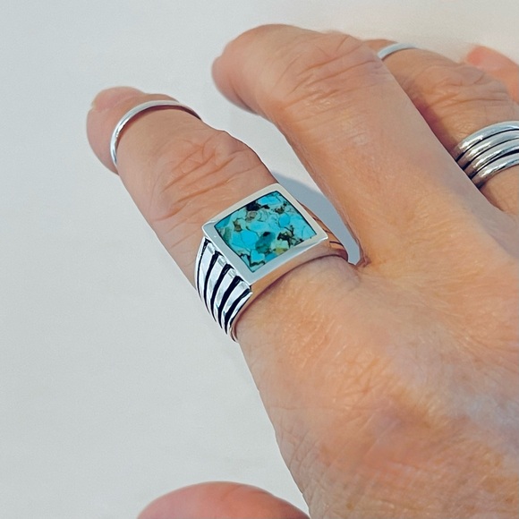 Sterling Silver Heavy Unisex Genuine Turquoise Ring, Statement Stone Rings - Picture 2 of 14